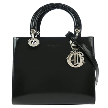 Christian Dior 1997 Black Patent Leather Medium Lady Dior Cannage 2way Shoulder Handbag
