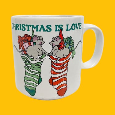 Vintage Christmas is Love Mug Retro 1980s Russ Berrie & Company + Two Mice in Stockings + Ceramic + Xmas Kitchen + Drinking + Mouse Holiday 