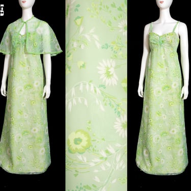 LOVELY Vintage 70s Green Floral Maxi Dress with Matching Shawl 