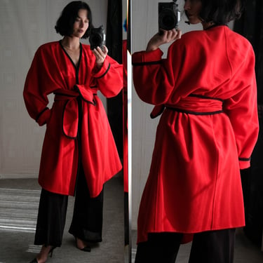 Vintage 80s YEOHLEE for I.MAGNIN Red & Black Wide Belted Drop Power Shoulder Overcoat w/ Pockets | Made in USA | 1980s Designer Winter Coat 