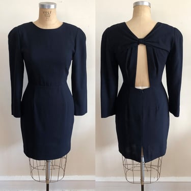 Black Wool Crepe Mini-Dress with Cut-Out Back Detail - 1980s 