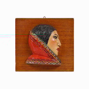 1970 Peruvian Folk Art Wooden Sculpture Wall Hanging Woman Outsider Art Peru Cusco Cuzco 