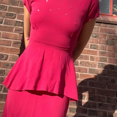 Vintage 40s Fuscia Hot Pink Embellished Peplum Bodycon Cocktail Dress Small Medium Evening by TimeBa