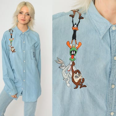 90s Looney Tunes Shirt Denim Shirt Bugs Bunny Jean Shirt Taz Warner Bros Top Graphic Retro Button Up Vintage Long Sleeve Large L 