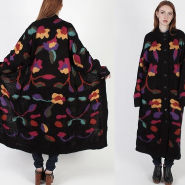 80s 90s Long All Over Print Floral Sweater, Black Oversized Cardigan Duster Jacket OS 