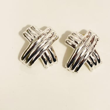Vintage Napier Earrings 1990s Silver Tone X Shape Cross Earrings Vtg Statement Earrings Silver Ridged Pierced Fashion Jewelry 