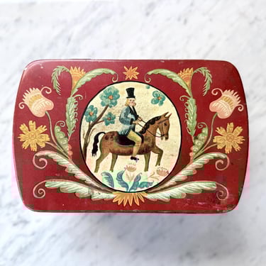 Antique Scandinavian Tin Box with Horse and Rider Swedish Sweden Red Bright Colors Tole Toleware Flowers Floral Folk Art Storage Biscuit Tin 