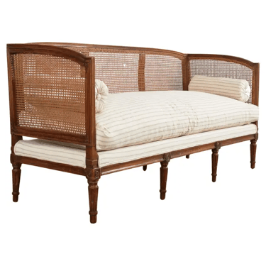 French Louis XVI Walnut Cane Sofa Settee Daybed Canapè