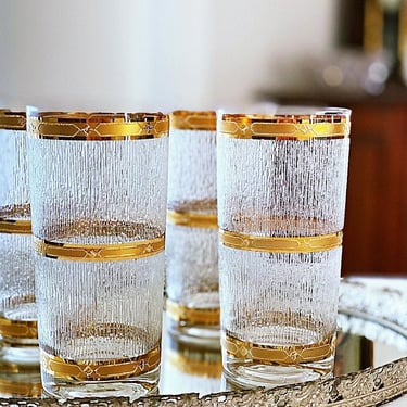 MCM Culver glassware. Set of 4 Icicle Gold band bar tumblers. Tall cocktail glasses for whiskey highballs & tom collins. 
