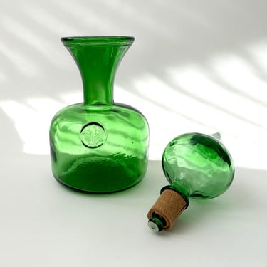 Vintage MCM Italian Empoli Glass Decanter W/ Stopper & Fluer de Lis Symbol Embossed on Glass 