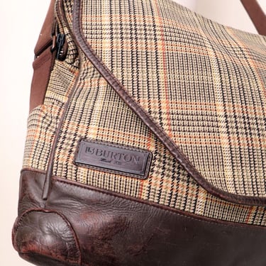 60's Leather & Wool Overnight Carry on Bag Vintage 1960's, Brown Plaid, Mail Bag, Crossbody  1970's, Burton Mark XIII, Laptop Suitcase 