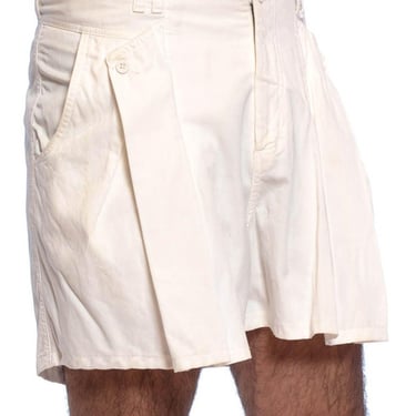 1980'S White Cotton Twill High Waisted Pleated  Shorts 