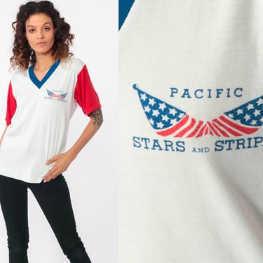 Ringer Tee Shirt Pacific Stars and Stripes Shirt 80s Graphic Shirt Retro Military Newspaper V Neck Tshirt Vintage T Shirt 1980s Small Medium 