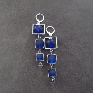 Long royal blue frosted glass and silver square earrings 