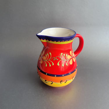 Hand painted red ceramic pitcher Colorful Spain majolica folk art Farmhouse kitchen decor 