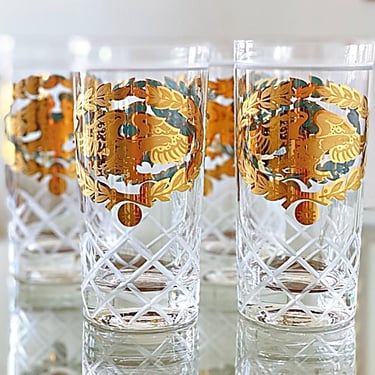 Patriotic American eagle vintage glassware, 4 Highball cocktail glasses signed Fred Press, Mid Century Modern turquoise & gold bar glasses 