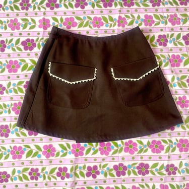 1970's Brown Wrap Skirt w/ Ric Rack Pockets