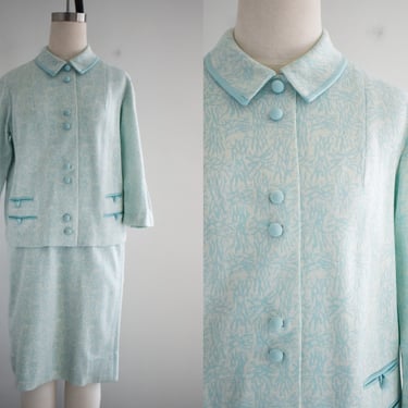 1960s NOS Pierany Paris Aqua Print Knit Skirt Suit 