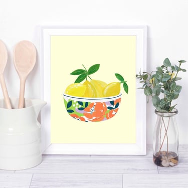 Bowl of Lemons Art Print/ 8 X 10 Minimalist Food Illustration/ Bright and Colorful Kitchen Decor/ Still Life Fruit Wall Art/ 