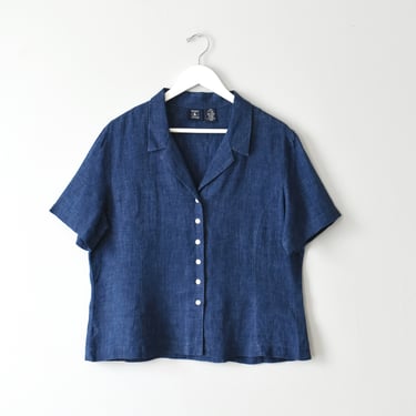 vintage linen button up shirt, short sleeve dark blue blouse 