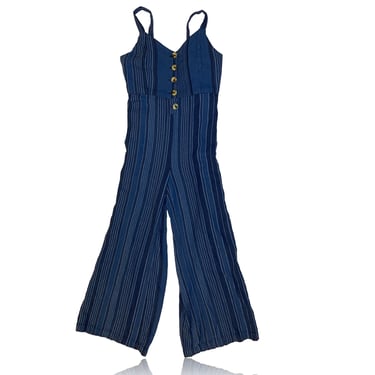 90s Open Tie Back Jumpsuit // Striped Blue // Size Medium // Indigo Rein 