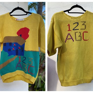 80's Novelty Knit Top / Cotton Short Sleeved Sweater / Intarsia ABC Sweater / Primary Colors Kindergarten Teacher Shirt Top Blouse Sweater 