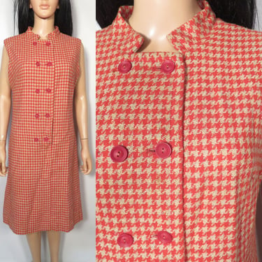 Vintage 60s Mod Red And Tan Houndstooth Wool Shift Dress Fully Lined Size M/L 