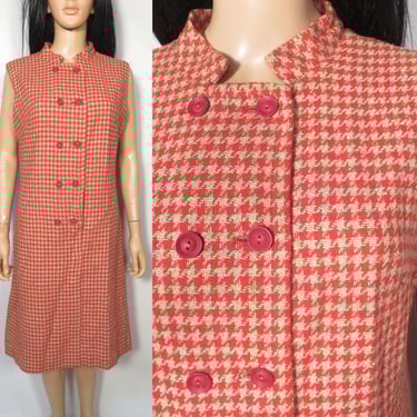 Vintage 60s Mod Red And Tan Houndstooth Wool Shift Dress Fully Lined Size M/L 