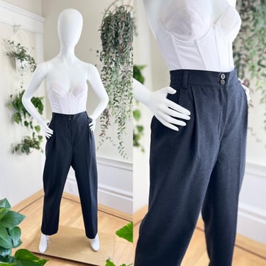 Vintage 1980s Trousers | 80s Wool Dark Slate Grey Gray High Waisted Pleated Tapered Leg Wear to Work Business Pants (medium) 