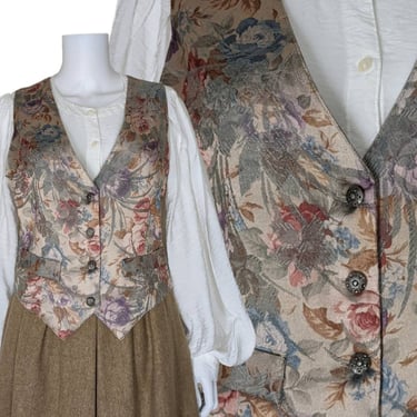 Vintage Floral Vest, Small Medium / 90s Women's Victorian Style Button Vest / Pastel Floral Steampunk Vest / Vintage Fitted Waistcoat 