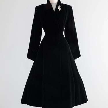 Iconic Late 1940's NEW LOOK Black Velvet Princess Coat With Full Skirt / Medium