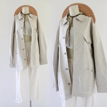natural linen jacket - l - vintage 90s y2k beige light lightweight summer fall prep school academia library jacket 