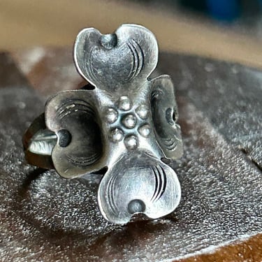 Vintage Sterling Silver Flower Ring Dogwood Pansy Adjustable Handmade Jewelry 