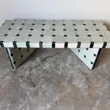 1970s Vintage Postmodern Geometric Marquetry Marble Rectangular Coffee Table 