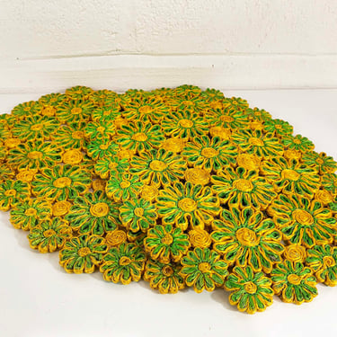 Vintage Floral Placemats Set of 2 Flowers Yellow Green Place Mats Straw Woven 1970s 