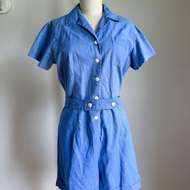 Vintage 1930s Cornflower Blue Gym Uniform Romper / M 