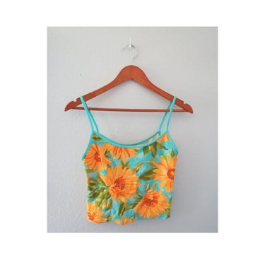 Vintage Sunflower Swim Top - 90s Yellow Floral Bikini Tankini Bathing Suit - Size Medium 