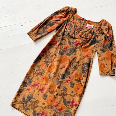 1990s Floral Print Gold Wiggle Dress 
