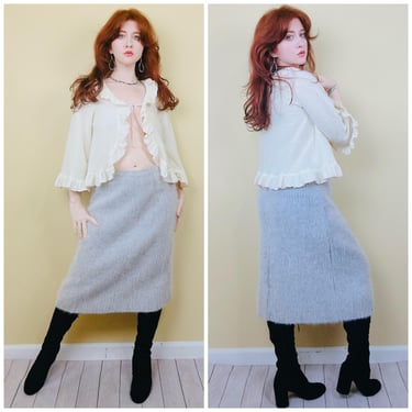 1990s Vintage Grey Angora Ribbed Skirt / 90s Knit Stretch Midi Length Fuzzy Skirt / Medium 