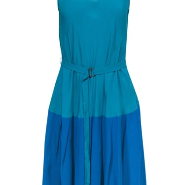 Akris Punto - Teal & Blue Colorblock Silk Blend A-Line Dress w/ Belt Sz 8