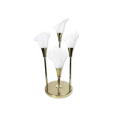 Vintage Nineteen-Laties Calla Lily White Floral Lamp with Gleaming Brass Base 