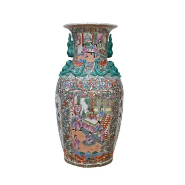 Chinese Hand Made Pink Turquoise House People Scenery Graphic Vase ws2168E 