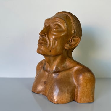 Vintage Art Hand Carved Wood Man Bust - Head Sculpture 