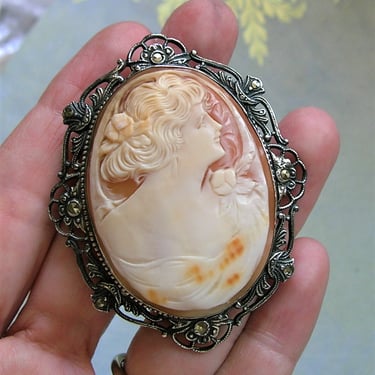 Antique Edwardian Sterling Marcasite Cameo Brooch Pin, Old Carved Cameo With Woman, Antique Sterling Cameo Pin (#4052) 