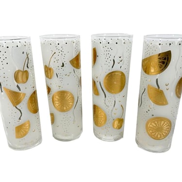 4 Vintage tom collins cocktail glasses. Federal Glass gold fruit glassware. 1970s retro barware, Fun Tall zombie coolers or ice tea tumblers 