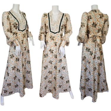 Joseph Magnin 1970s' Peach Floral Homespun Cotton Green Rose Print Maxi Dress I Sz Sm I Peasant Dress 