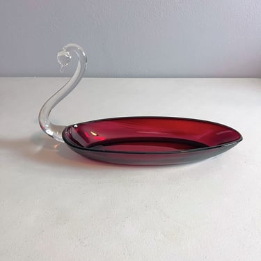 Vintage Viking Glass Ruby Red Swan Relish Dish MCM #951 