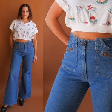 70s denim double zipper high waisted bell bottom jeans sz 30