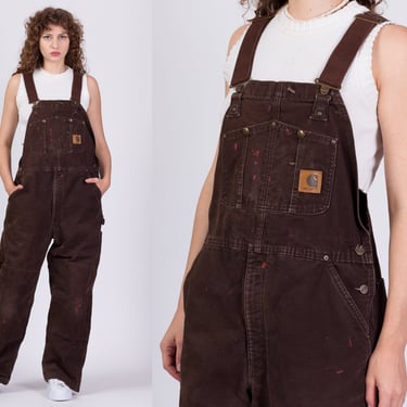 Vintage Carhartt Insulated Overalls - Men's Large, Women's XL, 38x30 | Brown Quilt Lined Distressed Workwear Jumpsuit 