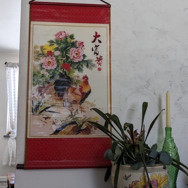 Red Chinese Scroll with Chickens Florals 